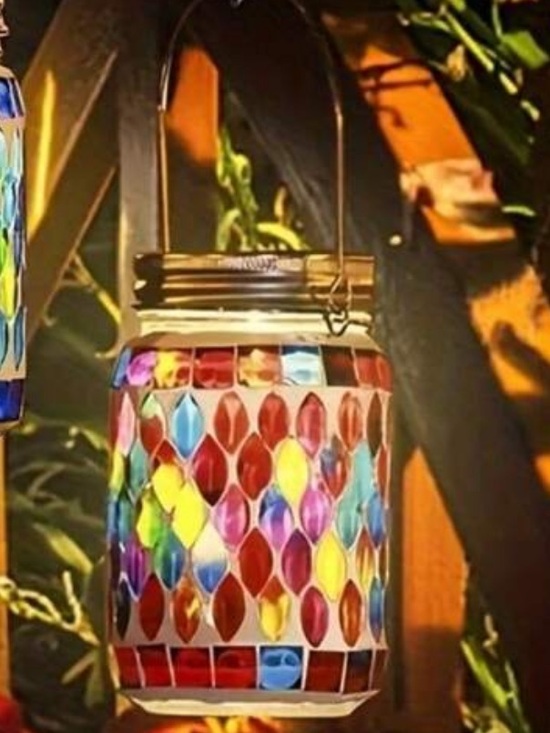 None Other - Colorful Mosaic Glass Hanging Solar Lantern- Multicolor Red